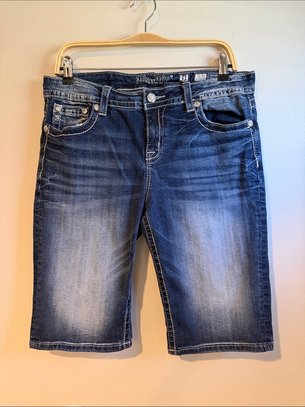 Miss Me Dark Blue Distressed Denim Bermuda Shorts -Women’s Size 31
